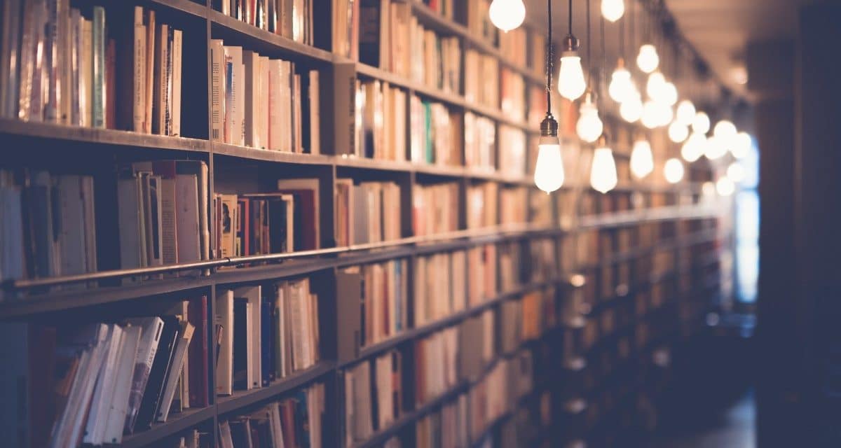 Une bibliothèque avec des lumières