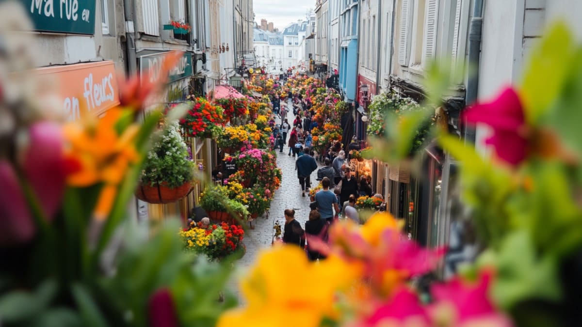 Rue pavée décorée de fleurs