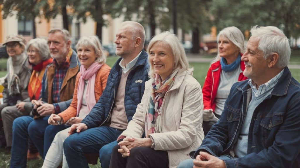 Seniors souriants assis dehors