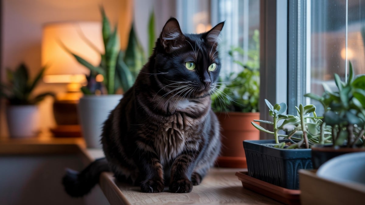 Chat noir près fenêtre