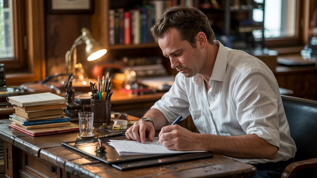 Homme écrivant à son bureau