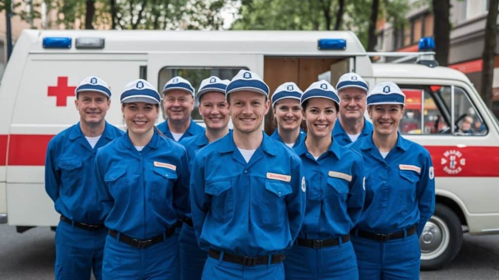 Secouristes en uniforme bleu