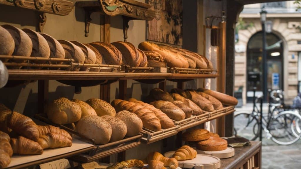 Pains et viennoiseries en vitrine