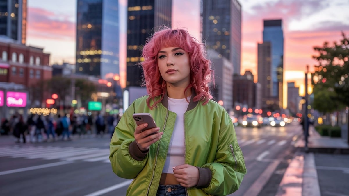 Femme cheveux roses smartphone