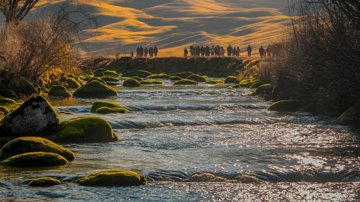 Groupe marchant près rivière