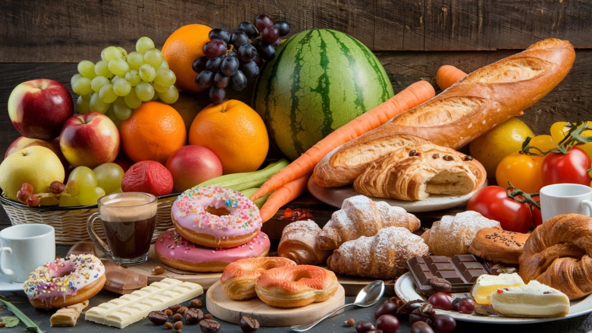 Assortiment de viennoiseries et fruits