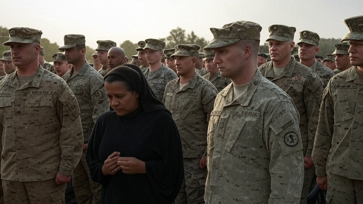 Femme en deuil et soldats