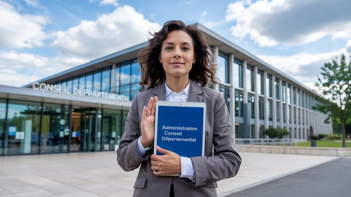 Femme devant bâtiment administratif