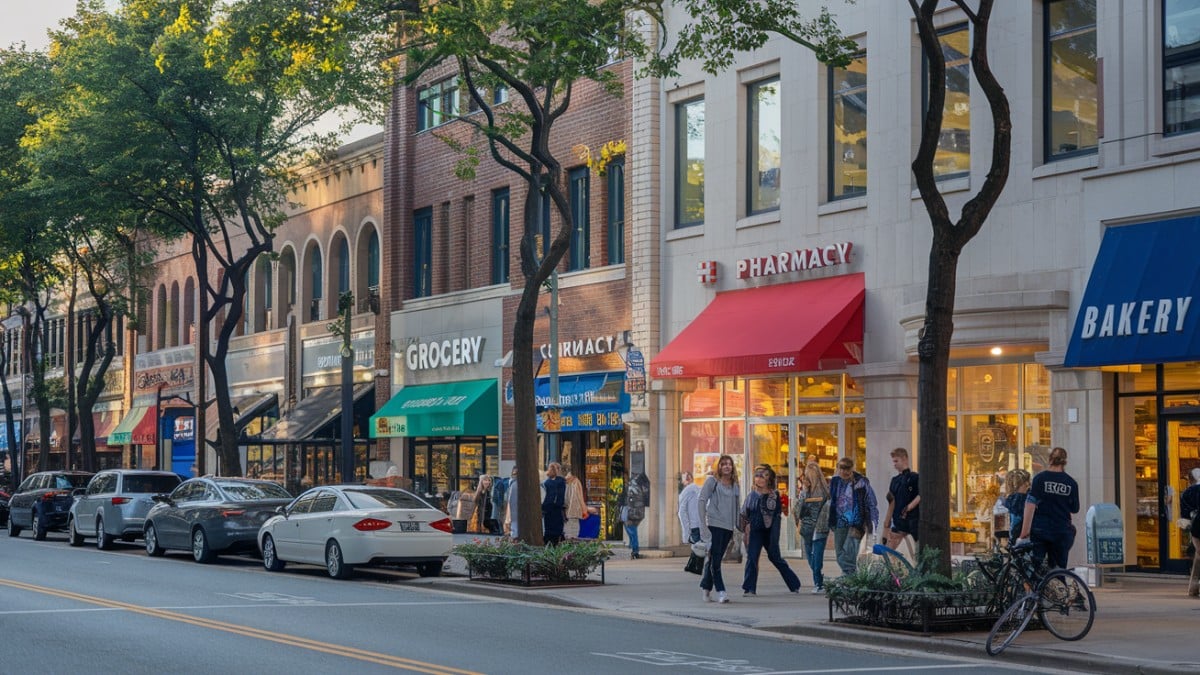 Boutiques et passants en ville