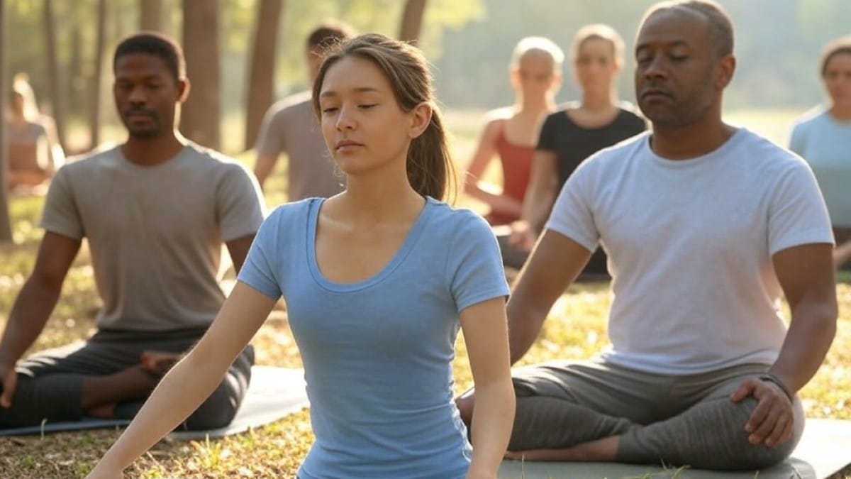 Groupe en méditation extérieure