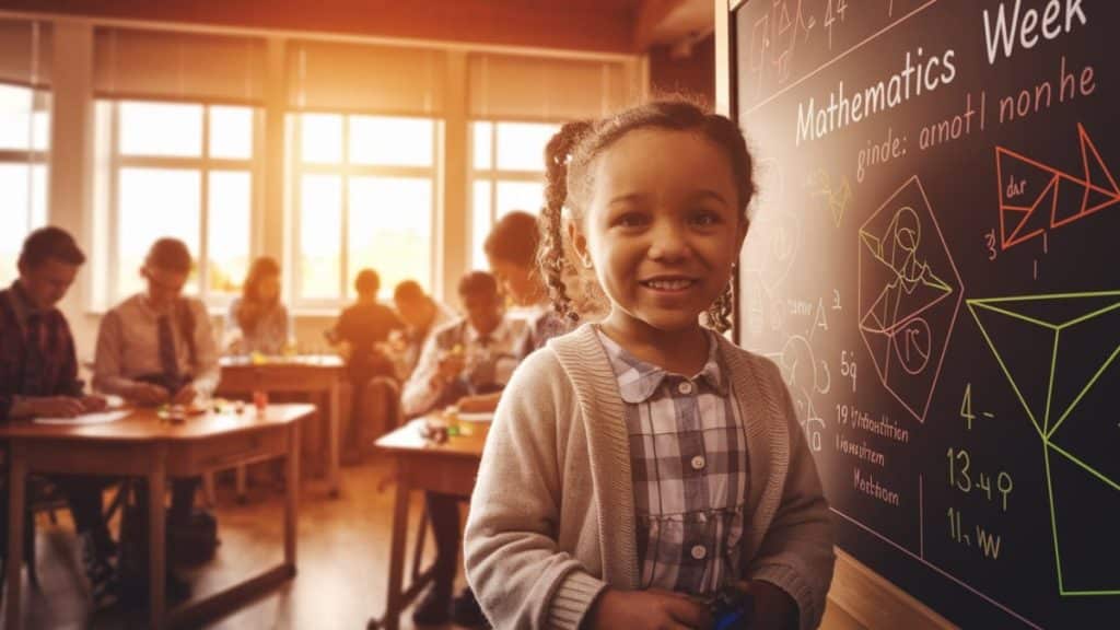 Enfant devant un tableau mathématique
