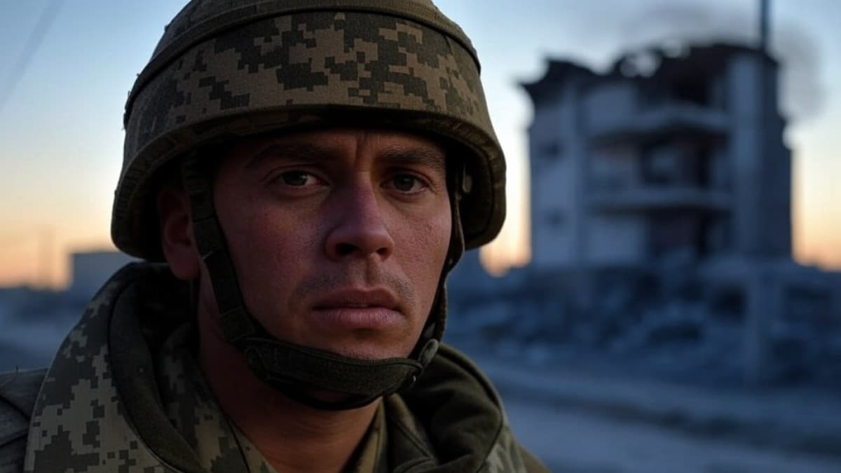 Militaire devant bâtiment détruit