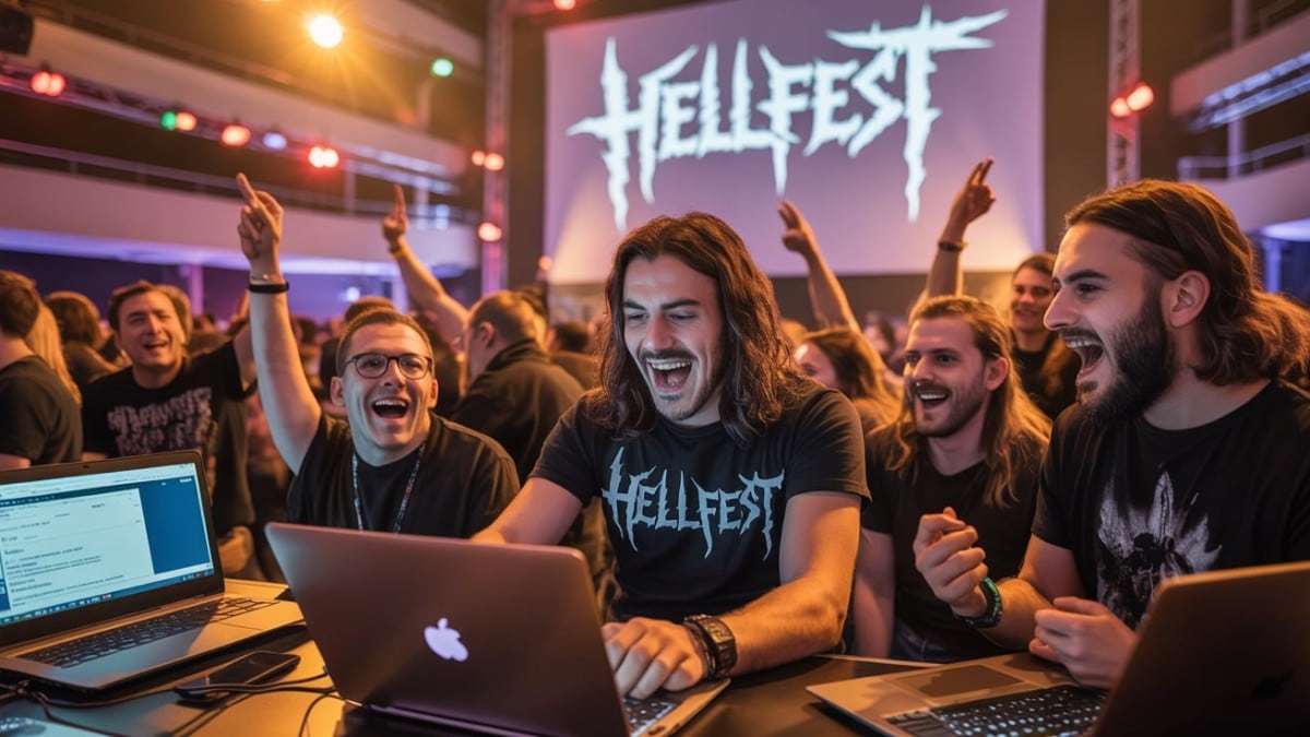 Fans Hellfest devant écrans