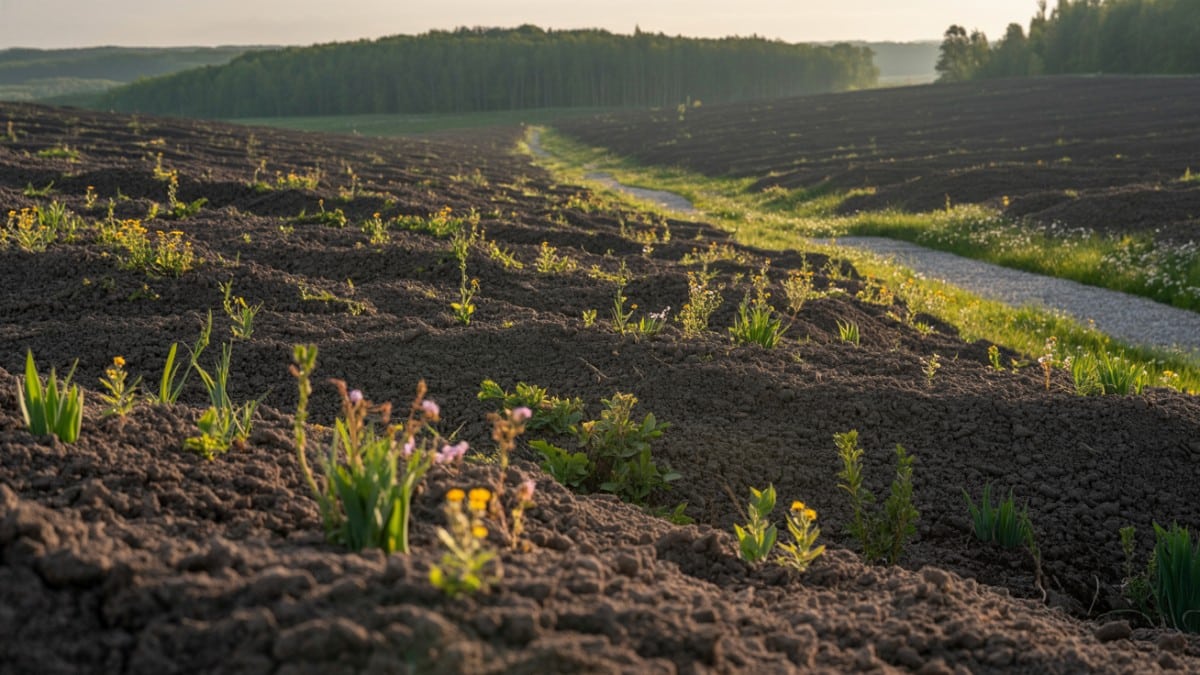 Jeune végétation sur sol labouré